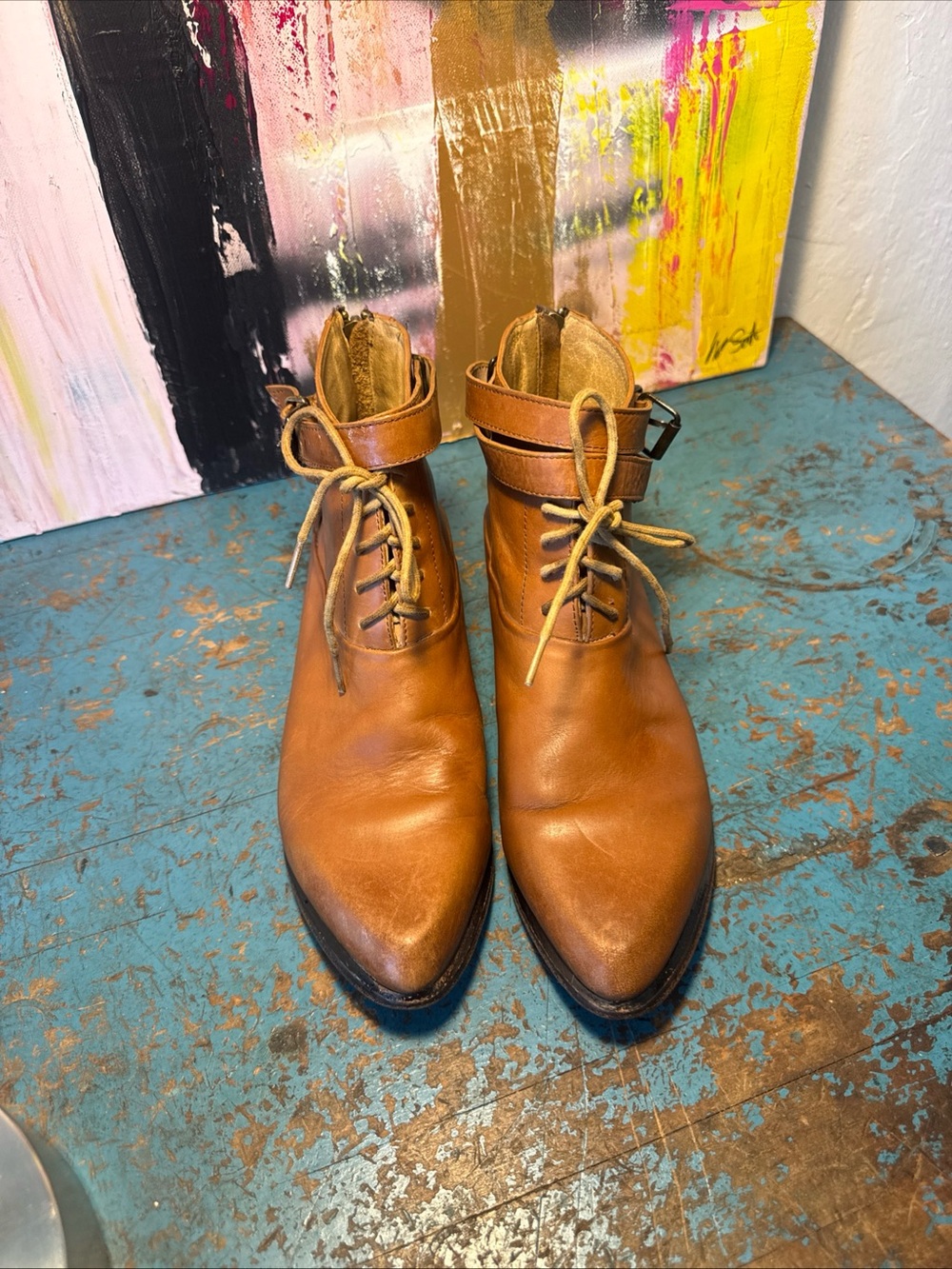 Free People Tan Leather Lace-Up Ankle Boots with Strap